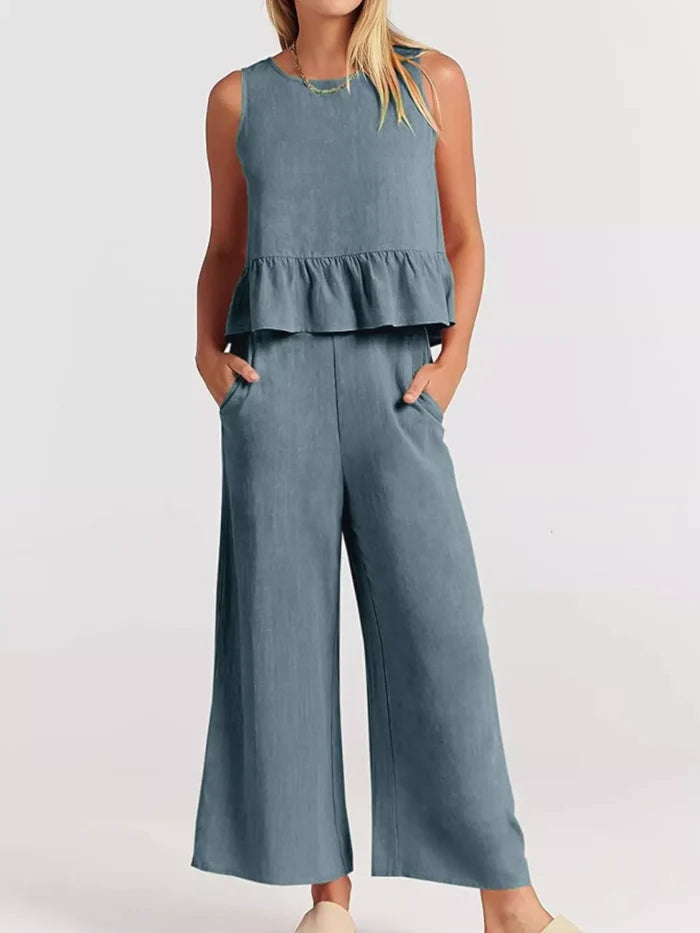 Full Size Ruffled Hem Sleeveless Top and Wide-Leg Pants Set Plus Size - Sets