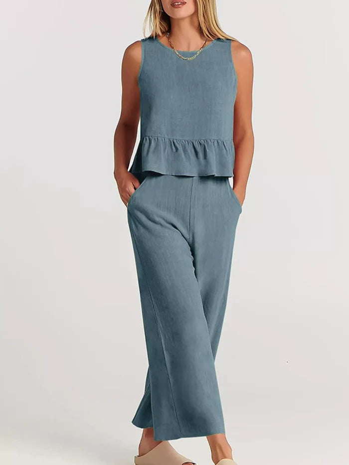 Full Size Ruffled Hem Sleeveless Top and Wide-Leg Pants Set Plus Size - Sets