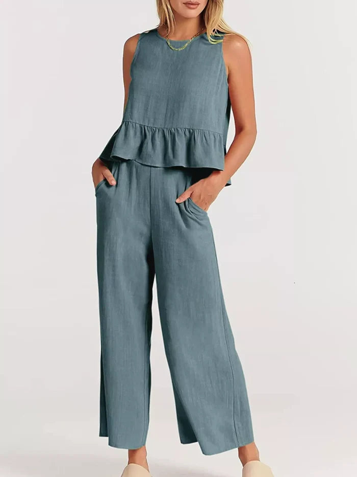 Full Size Ruffled Hem Sleeveless Top and Wide-Leg Pants Set Plus Size - Sets