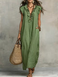 Full Size Ruffled V-Neck Cap Sleeve Maxi Dress Plus Size Army Green - Dresses