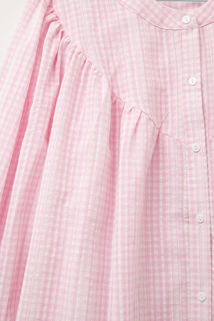 Gingham Pale Pink Collarless Blouse With Wide Sleeves - Shirts