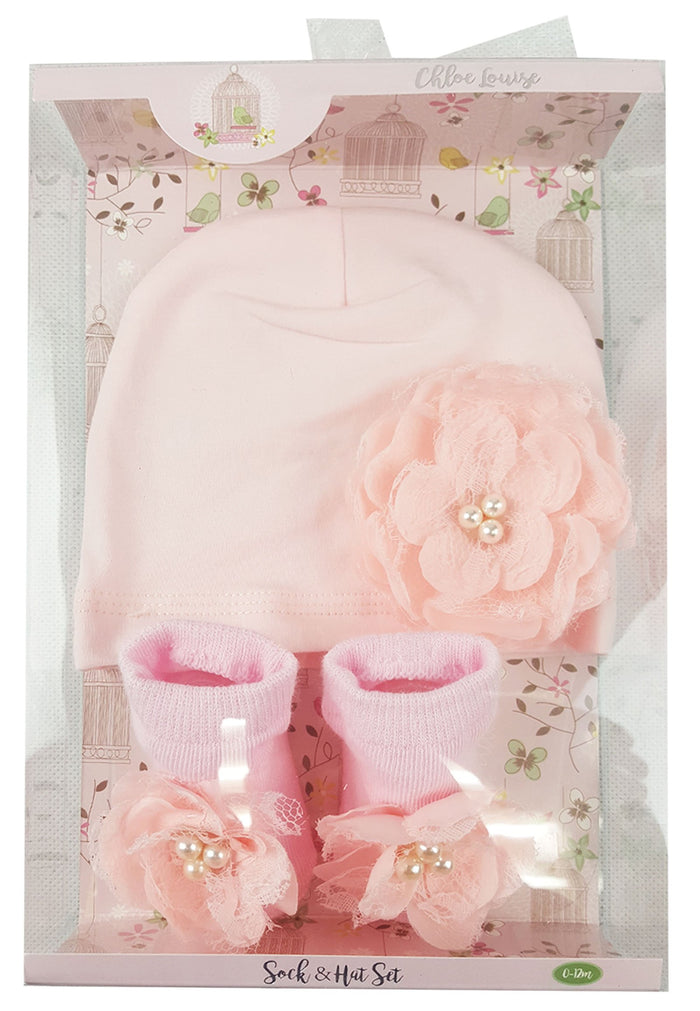 Girls Pink Sock & Hat Set - Flower - 0-12 Months (K11231) - Kidswholesale.co.uk