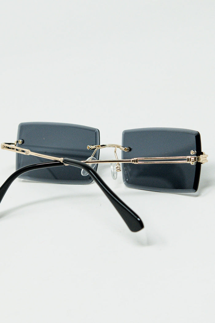 Gold Thin Rimless Square Sunglasses With Black Lenses