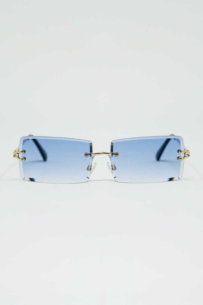 Gold Thin Rimless Square Sunglasses with Purple Lenses