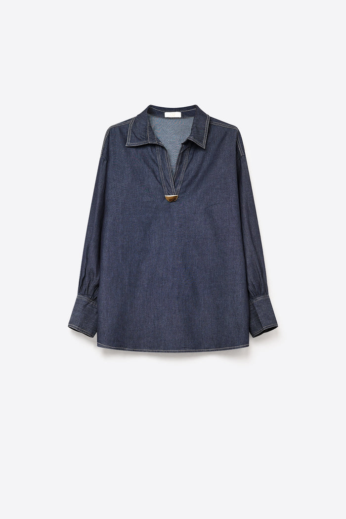 Gold Trim V-Neck Shirt in lightweight denim fabric - Shirts