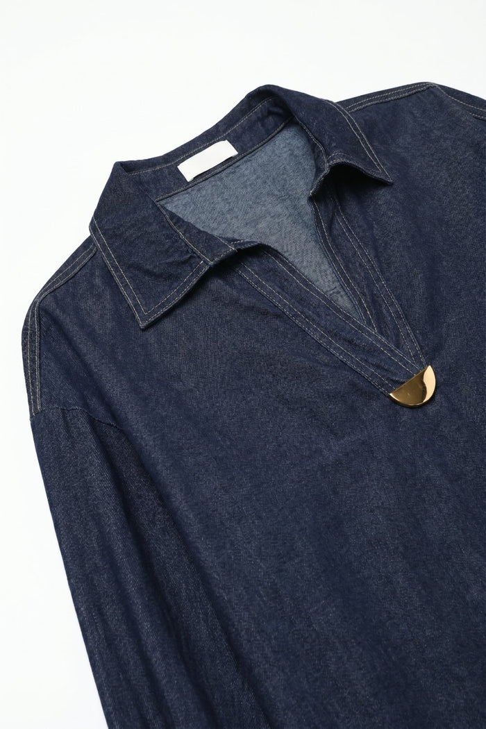 Gold Trim V-Neck Shirt in lightweight denim fabric - Shirts