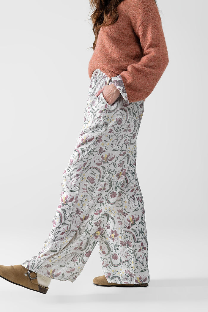 gray flower printed satin pants - trousers