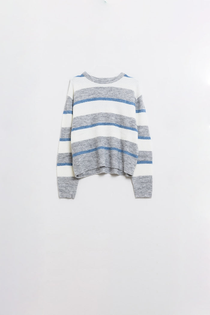 Grey jersey with ecru and blue stripes