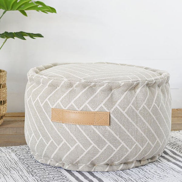 Grey & White Round Chevron Pouf
