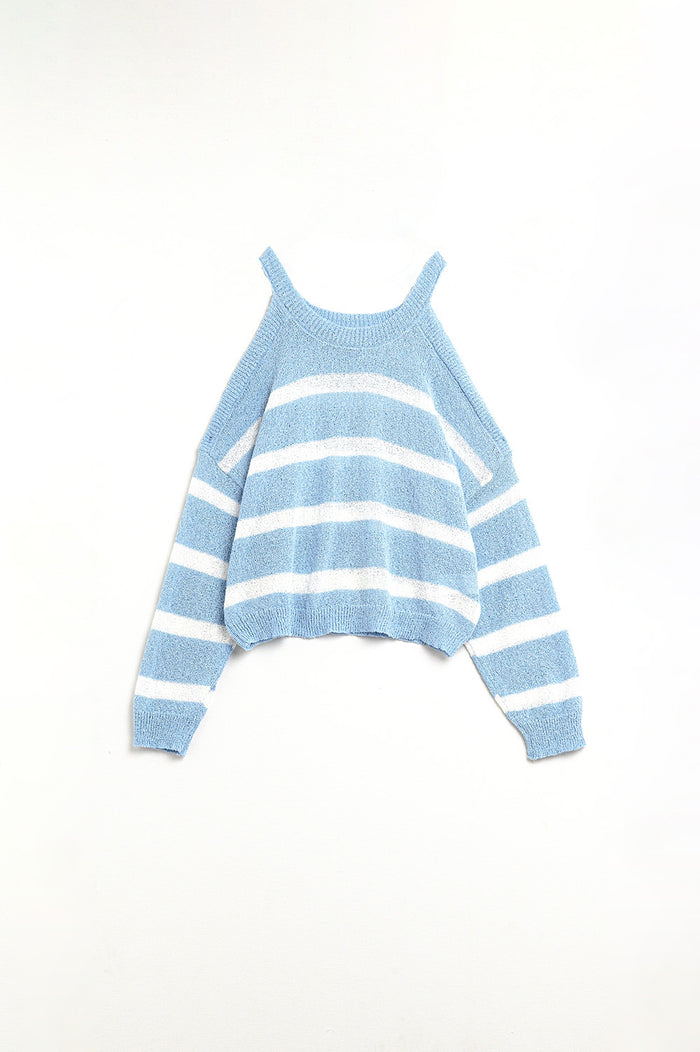 Heather Sweater With Open Shoulders and Horizontal Stripes in Blue