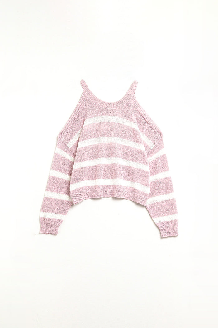 Heather Sweater With Open Shoulders and Horizontal Stripes in Pink