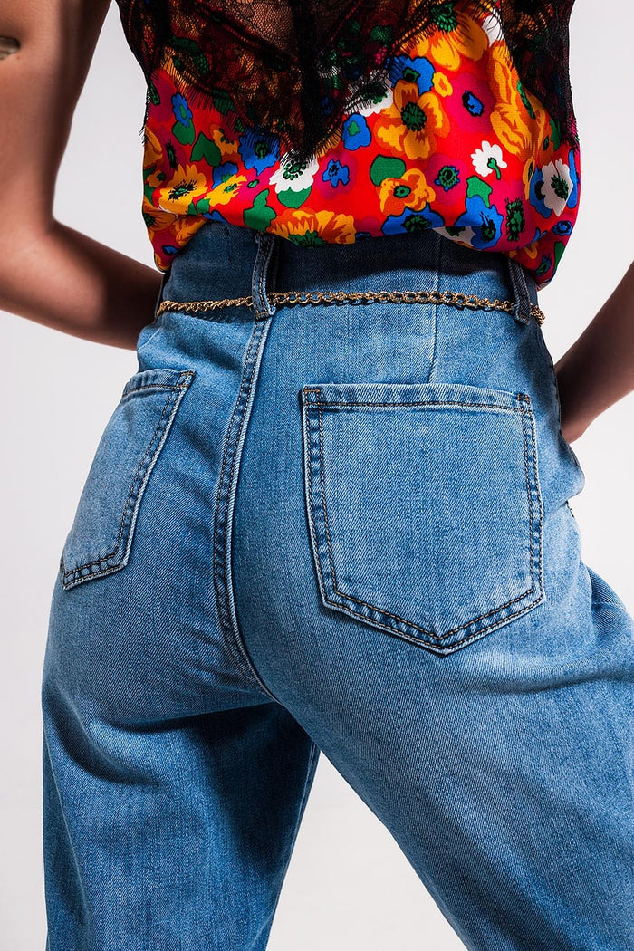 High rise straight leg belt detail jeans in light wash - Denim