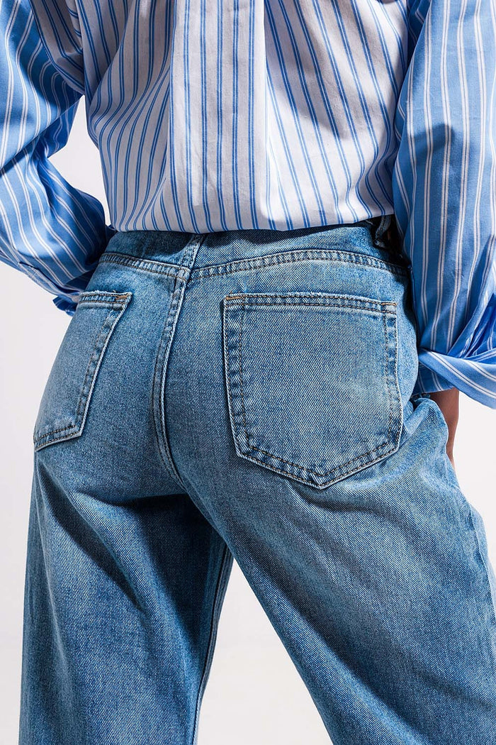 High waist jeans with split hem in vintage wash - Denim