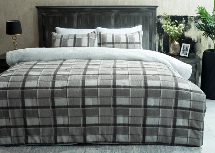 Grey plaid winter comforter with matching pillow shams, 3-piece bedding set