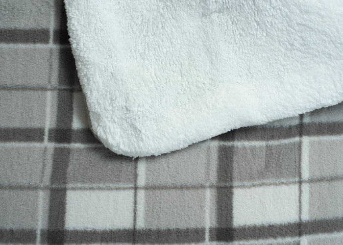 Plush grey comforter fabric close-up with soft sherpa-like texture
