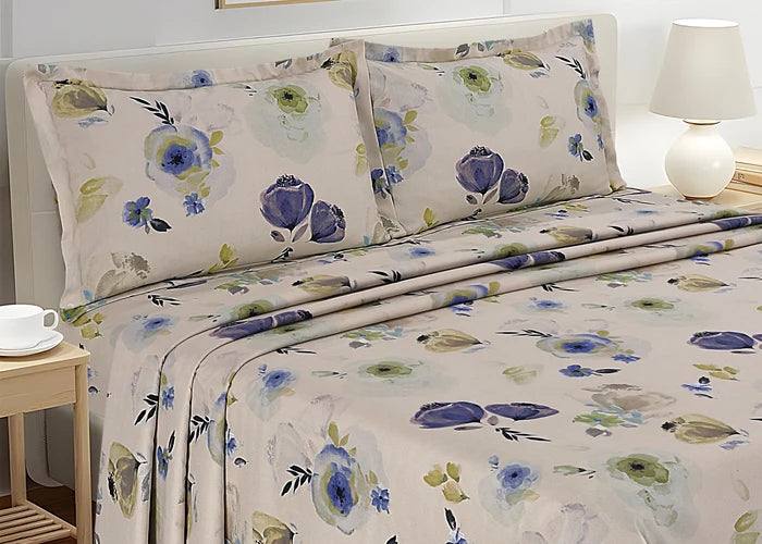 Cotton pillow covers in cream with blue and green floral garden pattern, set of two