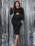Honey Plus Size Cutout Slit Round Neck Long Sleeve Dress Black - Dresses