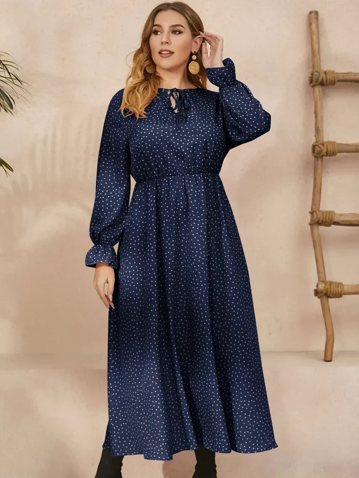 Honey Plus Size Ruffled Polka Dot Long Sleeve Midi Dress Navy - Dresses