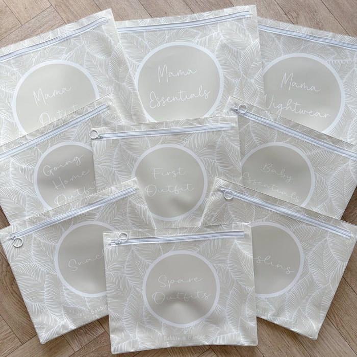 Hospital Bag Organiser Pouches - Unisex Beige Leaf Print - Baby & Toddler
