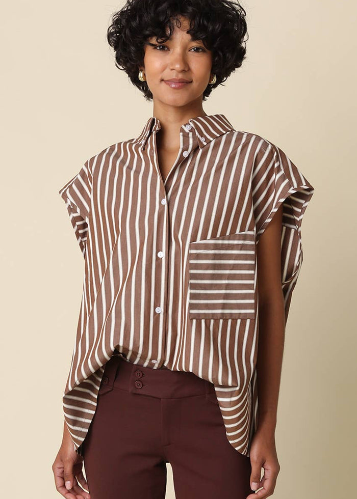 olivaceous fall brown stripe cap sleeve top casual button down hunter