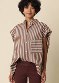 olivaceous fall brown stripe cap sleeve top casual button down hunter