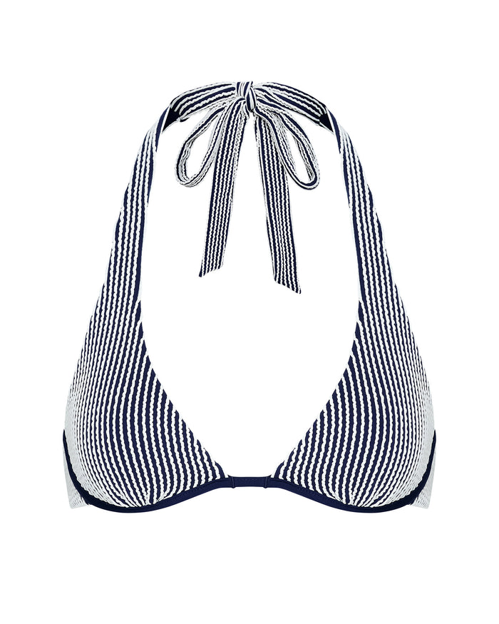 Off-model image of the LSPACE midnight blue Isa Bikini Top showing the triangle halter silhouette in navy and white stripe.