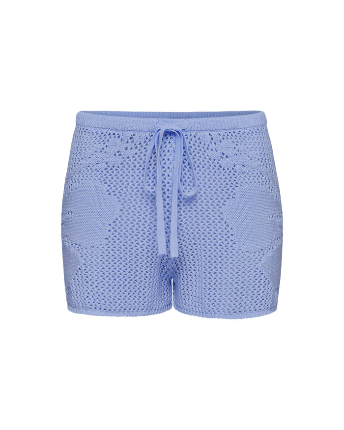 Off-model view of the LSPACE Island Time Short in Chambray, an open-knit crochet short with a floral motif and drawstring waist.