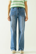 Jeans wide legs with front closure with metalic buttons and front pockets - Denim