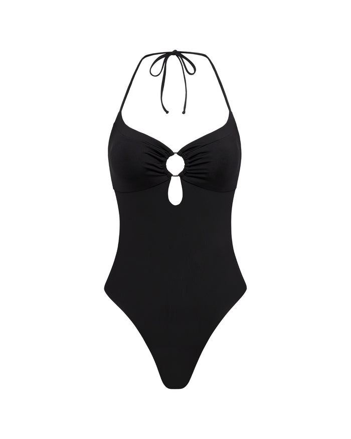 Off-model front view of the LSPACE Black Juno One Piece Swimsuit.
