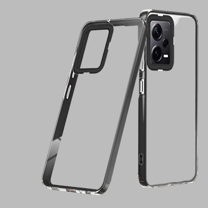 Transparent smartphone case with black edges and camera cutout.