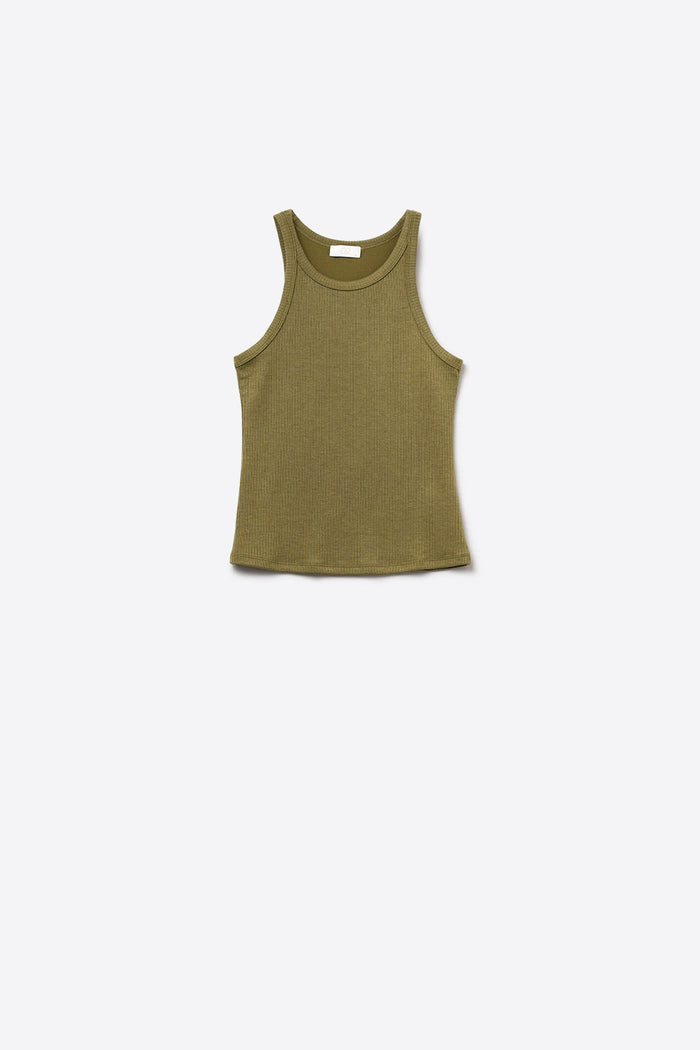 Khaki Tight-fitting swimmer-type T-shirt with round neckline and straps - top