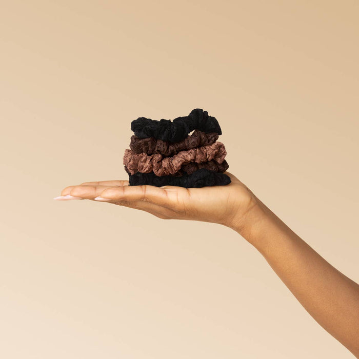 Kitsch Ruched Lace Scrunchies 5pc Set - Black, Chocolate & Mocha