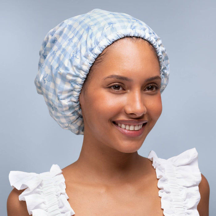 Kitsch Satin Lined Flexi Shower Cap - Gingham Blue