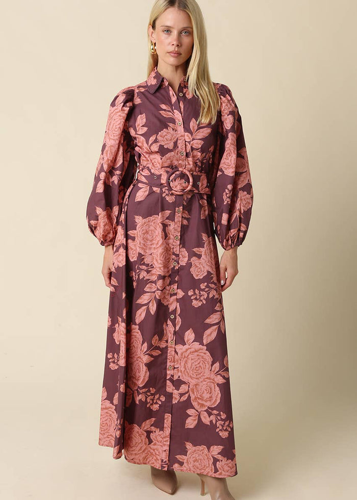 Olivaceous long sleeve maxi belted floral dress fall wine pink burgundy