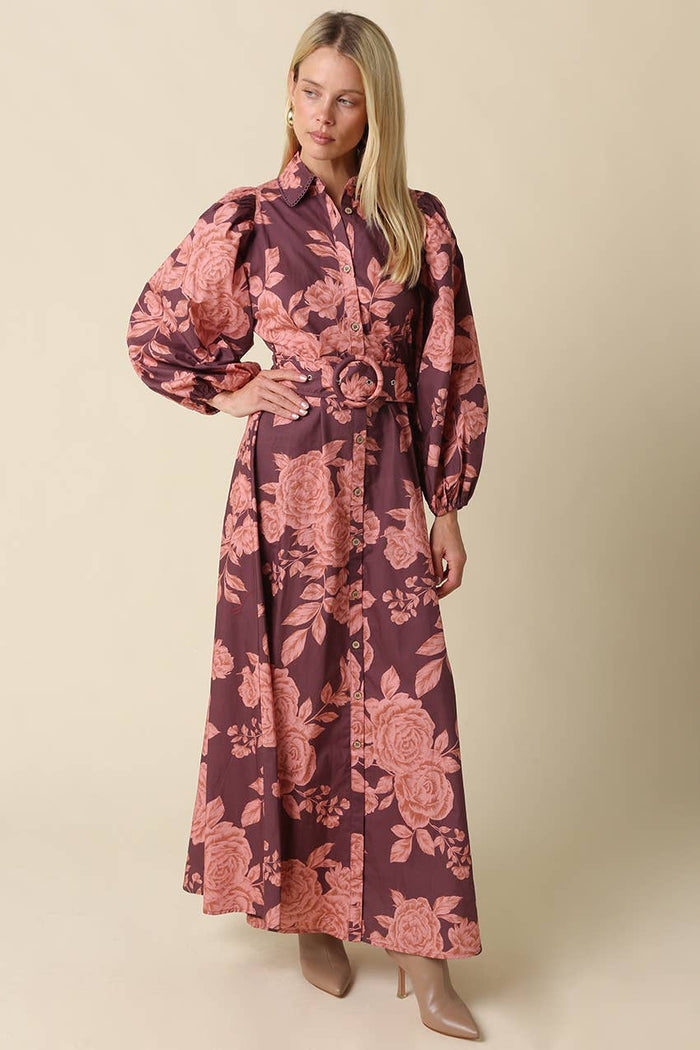 Kylie Wine and Pink Floral Belted Maxi Dress