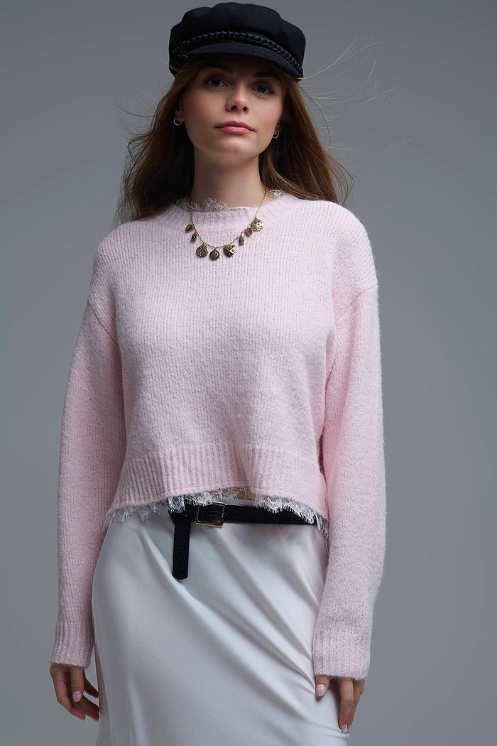 Lace Detail Relaxed Pink Sweater in Pink