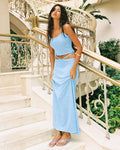 Sky Blue | Badge:New Arrival_#B2AC88_#ffffff'
LSPACE Last Light top in Sky Blue, lifestyle view on model on staircase.