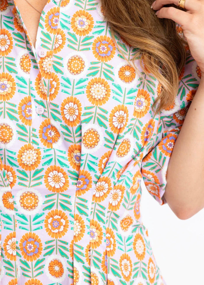 Lavender Floral Bubble Hem Poplin Dress