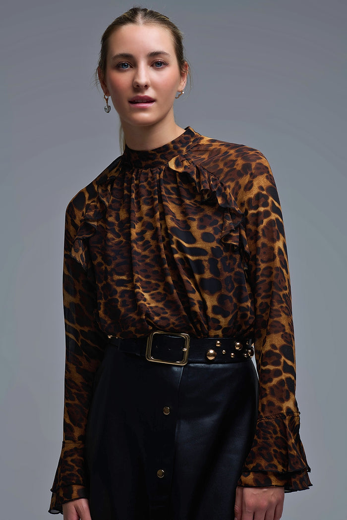 Leopard Print Blouse with Ruffle Details in chiffon - Shirts