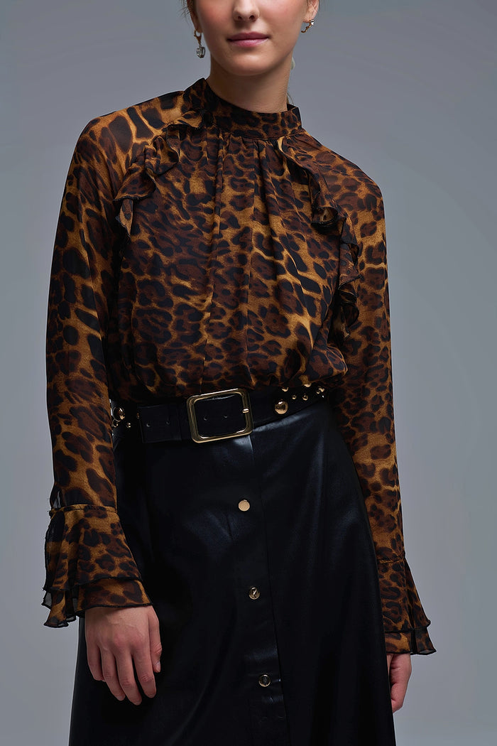 Leopard Print Blouse with Ruffle Details in chiffon - Shirts