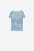 Light Blue Chevron Pattern Fine Knit V-Neck Short Sleeve Top