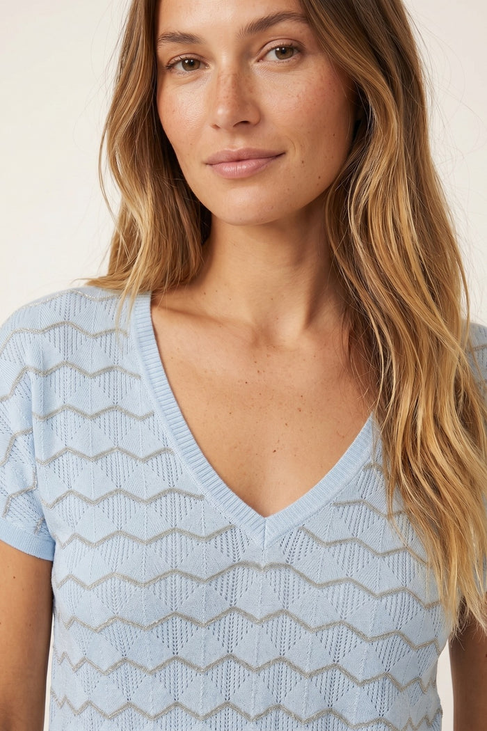 Light Blue Chevron Pattern Fine Knit V-Neck Short Sleeve Top