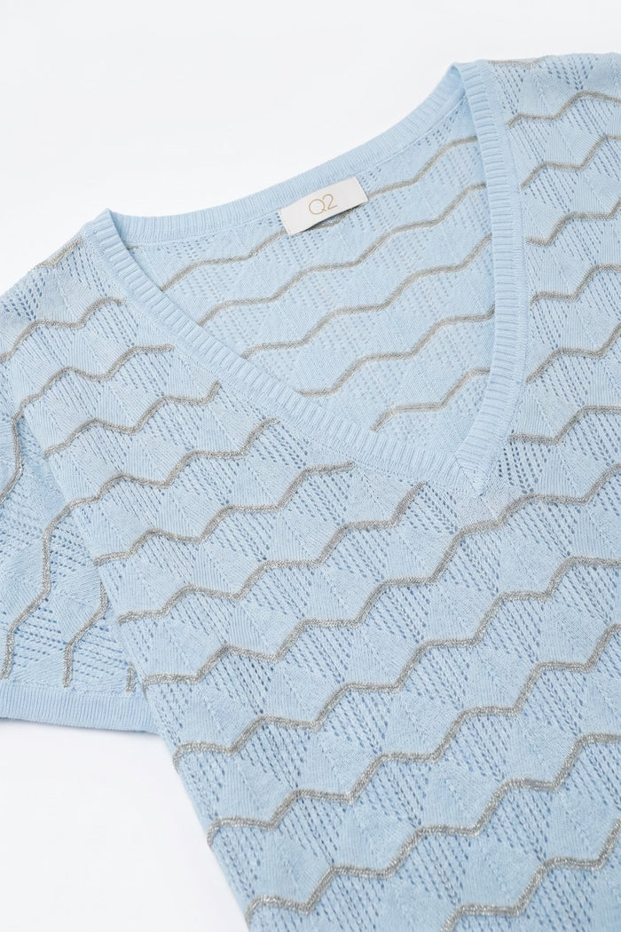 Light Blue Chevron Pattern Fine Knit V-Neck Short Sleeve Top