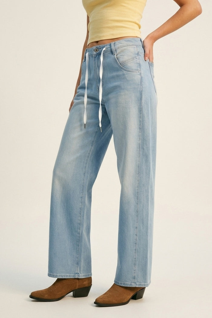 Light Blue Drawstring Relaxed Fit Denim Jeans - Denim