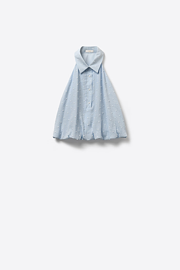 Light Blue Embroidered polka dot Blouse with buttons