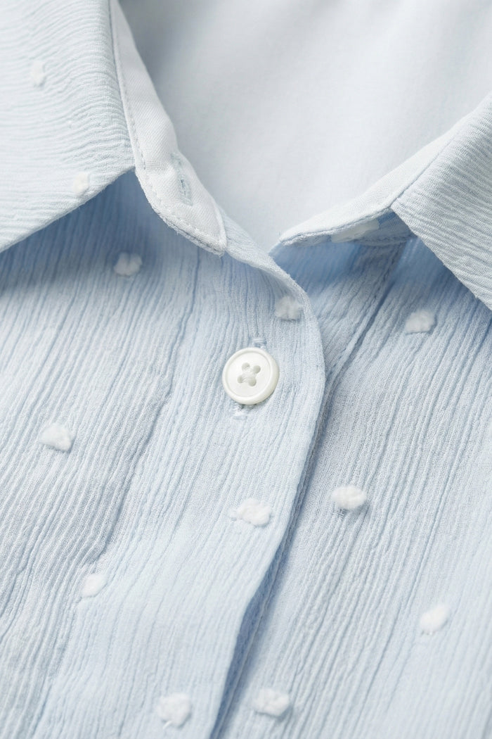 Light Blue Embroidered polka dot Blouse with buttons