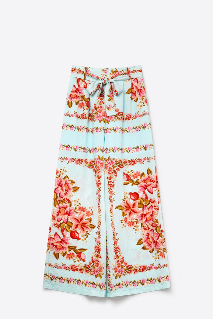 Light Blue Floral Print Cotton Tie Waist Wide Leg Pants - trousers