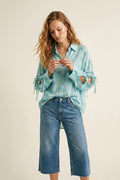 Light Blue Patterned Oversize Button-Up Shirt - Shirts