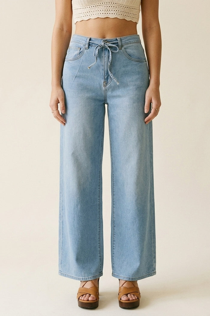 Light Blue Wide-Leg Denim Pants with Drawstring Waist - Denim