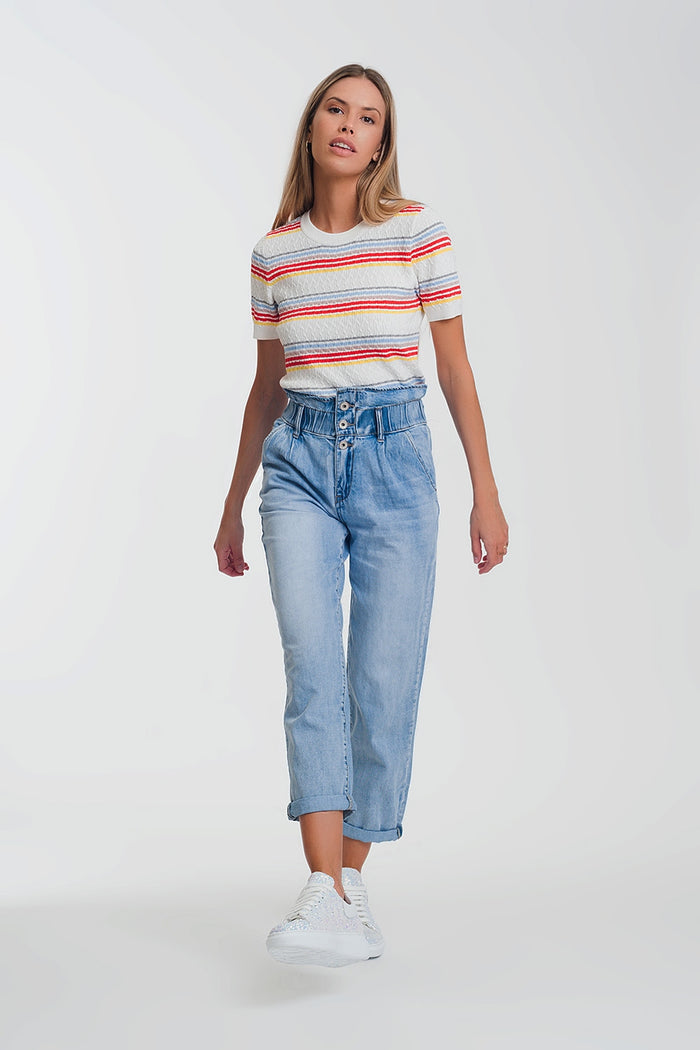 Light denim straight jeans with big waistband detail - Denim